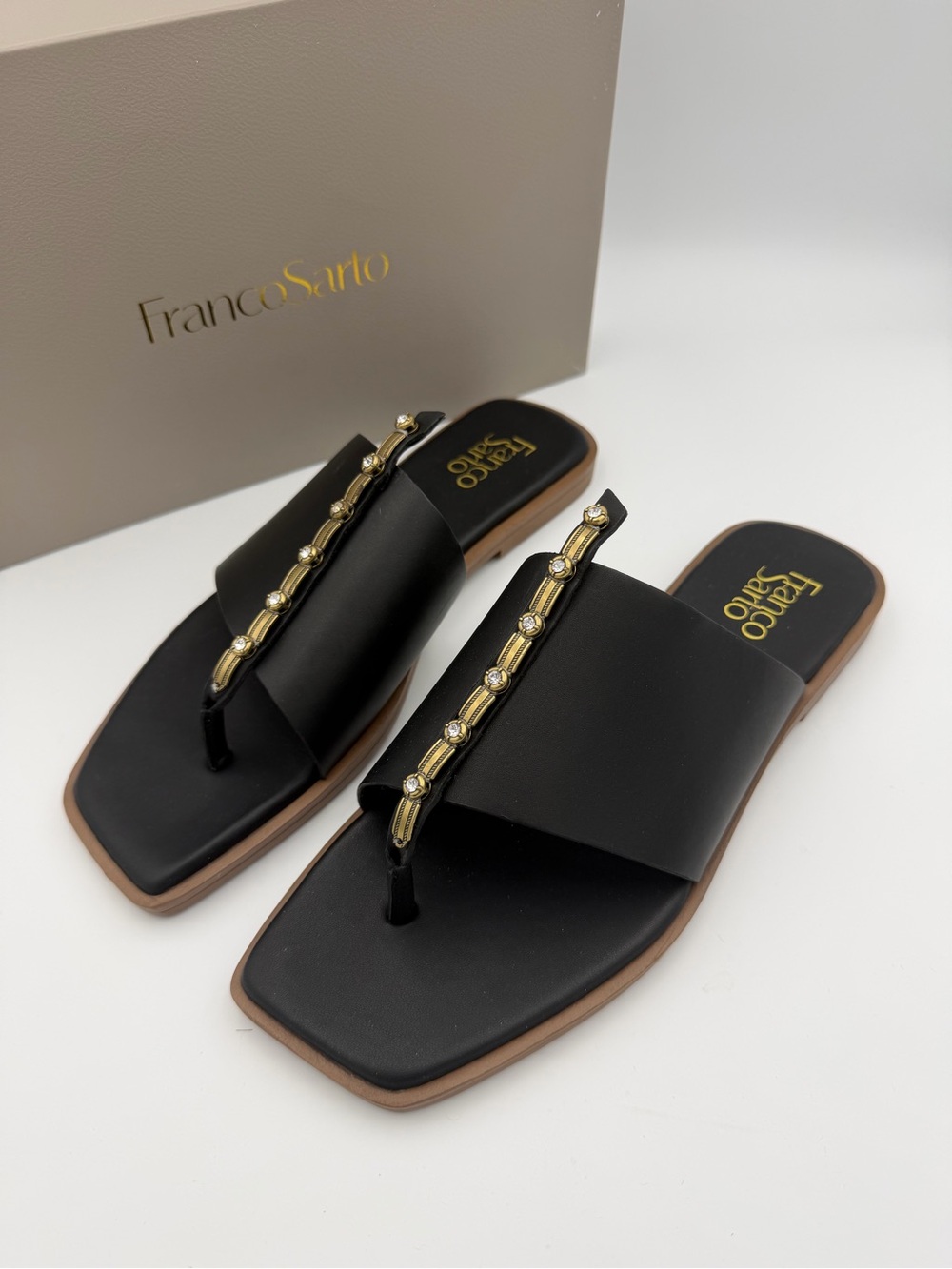 NEW Franco Sarto Megs Leather Rhinestone Slide Sandals 10M Black